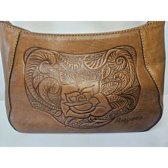 Vintage Brown Leather Tooled Floral Purse - Flap Snap Closure Rugero Horse Roses - Picture 14 of 16